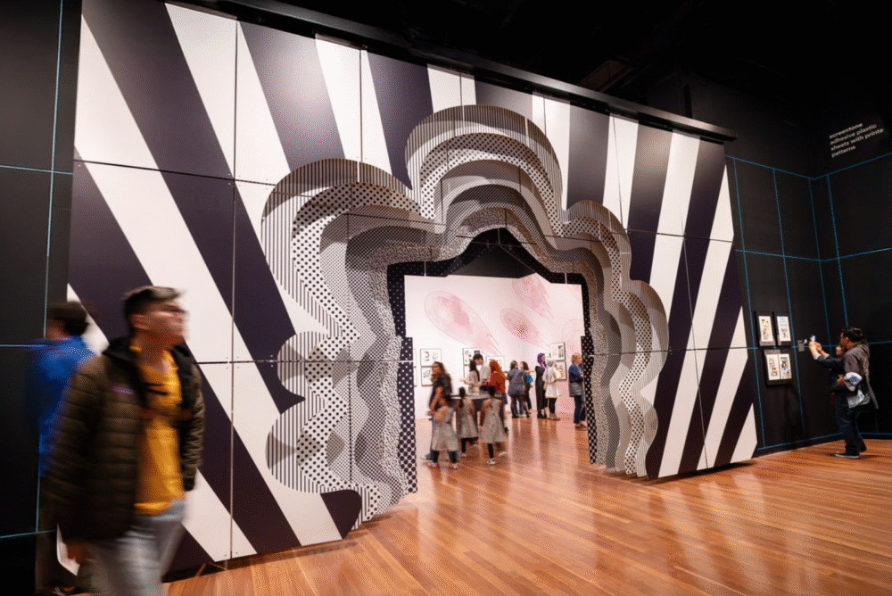 the black and white striped, 3-d cloud shaped foyer entrance to one section of the exhibit