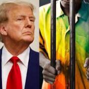 trump scowling towards a person highlighted in rainbow behind prison bars