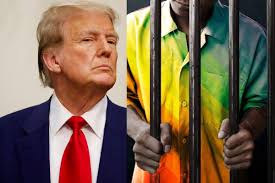 trump scowling towards a person highlighted in rainbow behind prison bars