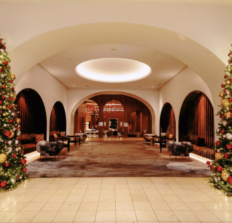 the lobby at the Signia decorated for the holidays