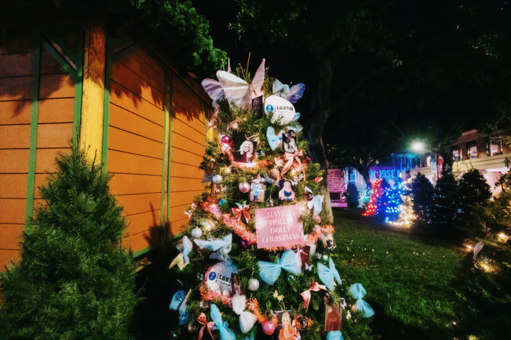 christmas tree dedicated to dolly parton in trans flag colors