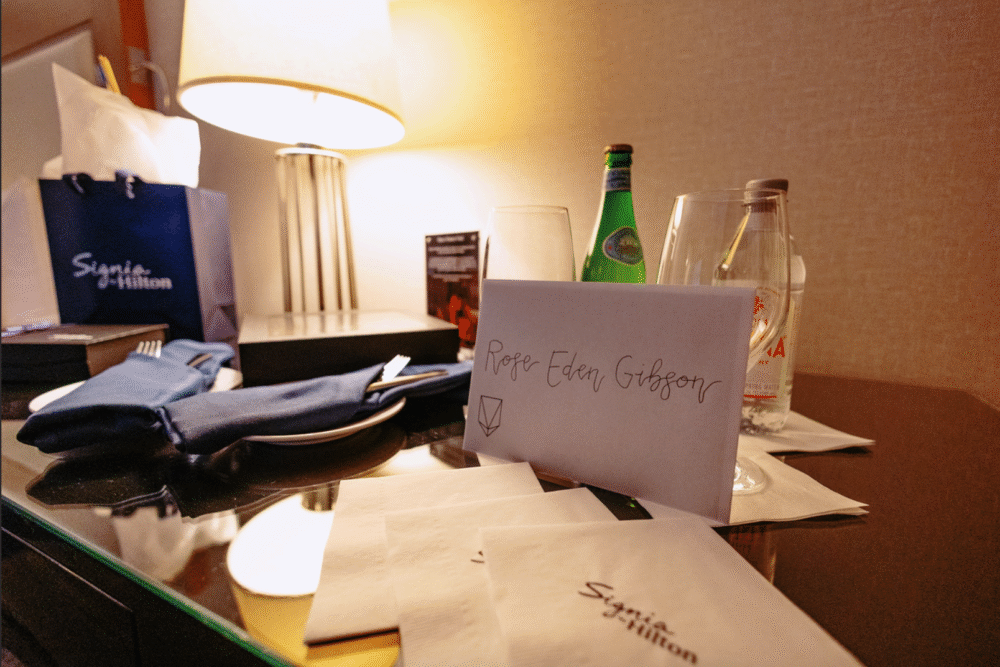 in-room welcome card and refreshments