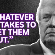 trump's face next to a statement he made "whatever it takes to get them out"