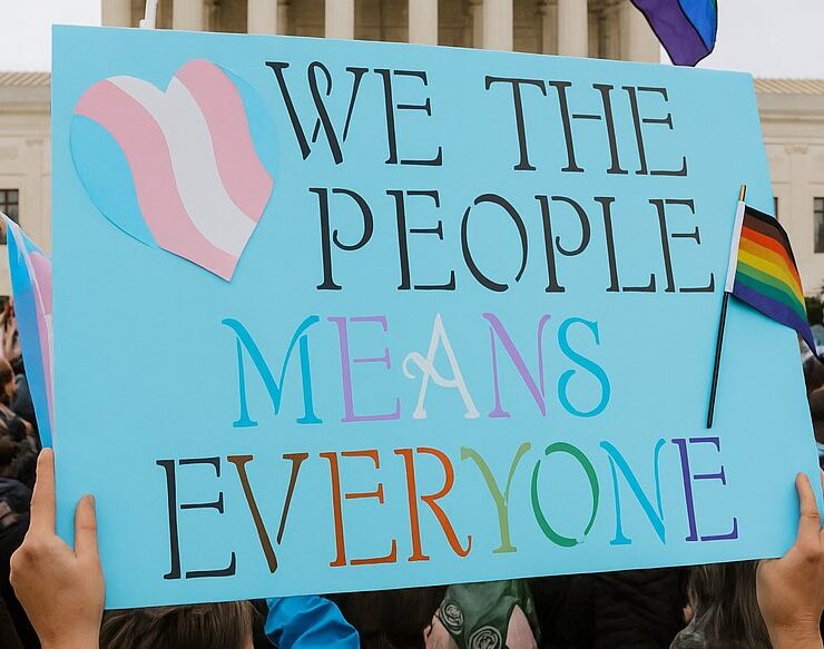 a protestors sign with a rainbow flag on a pole sticker and a pink, blue and white heart. the sign reads "we the people means everyone